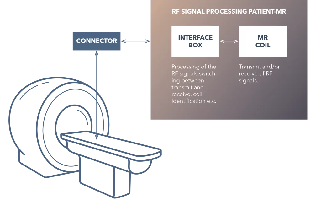 Diagram: MRI scanner, connector, interface box and MRI coil